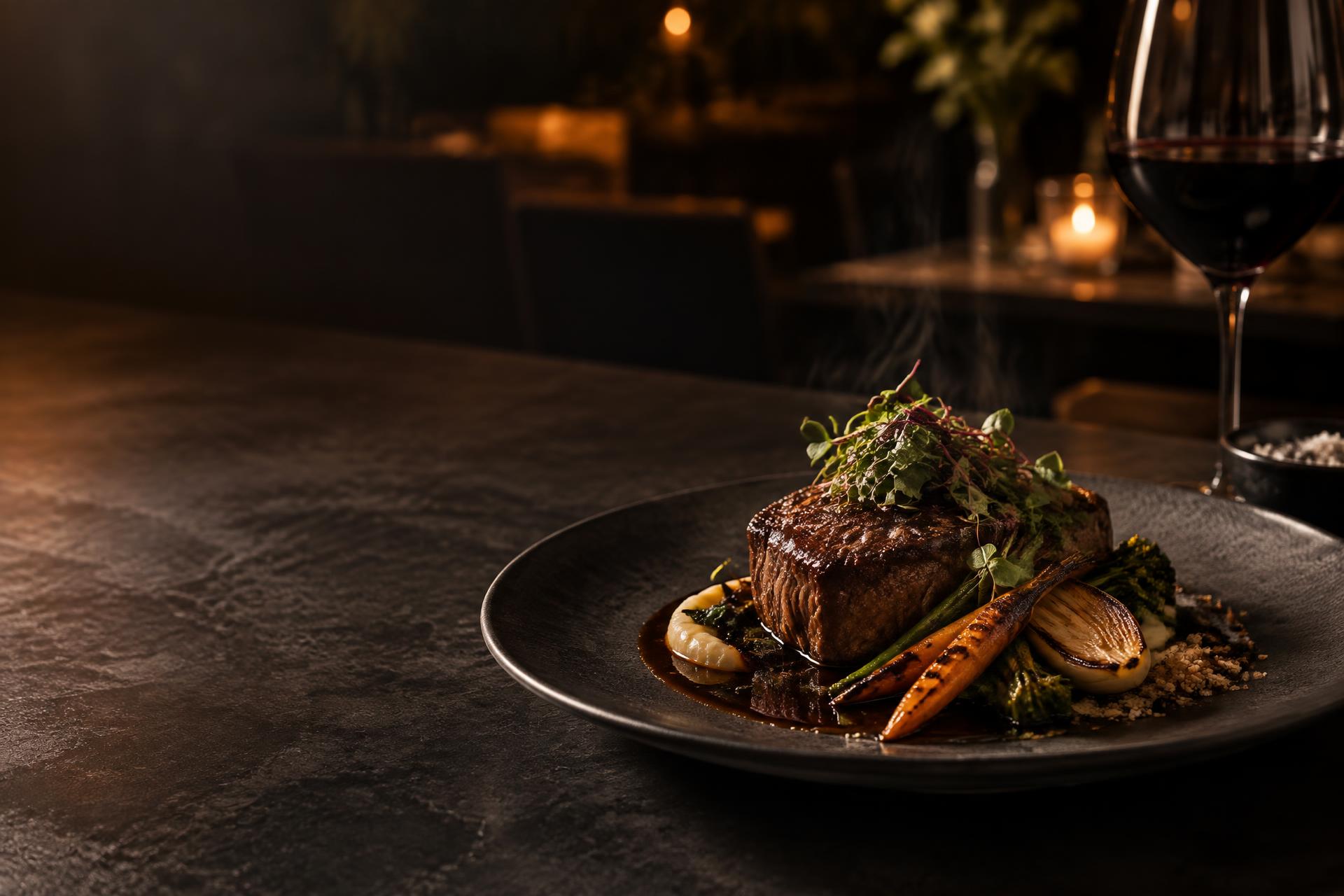 Composição gastronômica ilustrativa com carne e vegetais